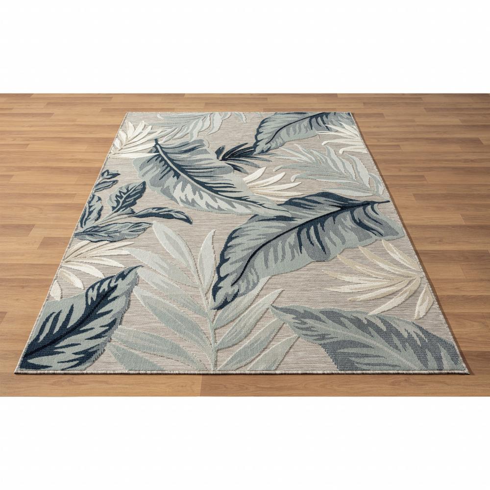 5' X 7' Blue And Gray Floral Stain Resistant Indoor Outdoor Area Rug. Picture 1