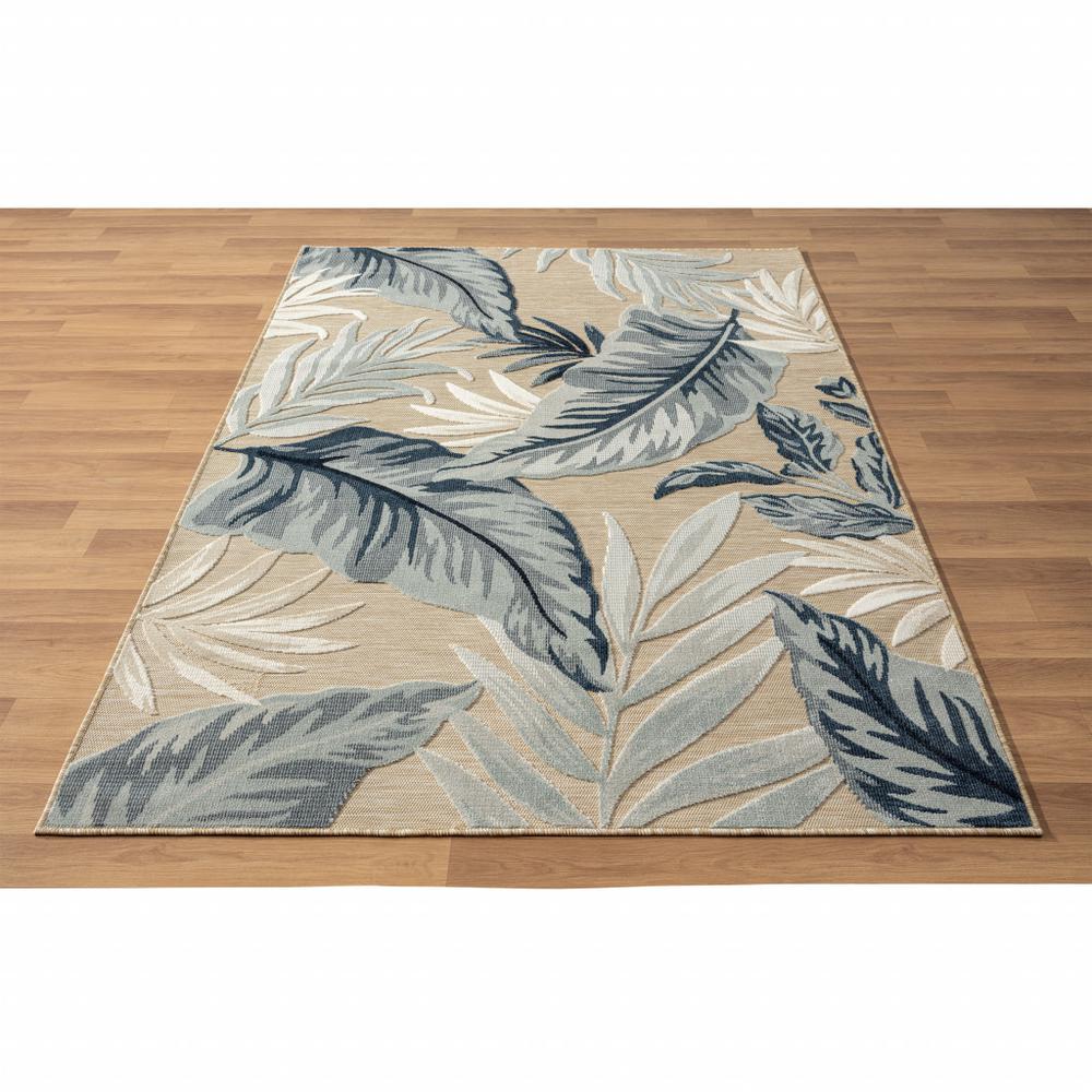 5' X 7' Blue And Beige Floral Stain Resistant Indoor Outdoor Area Rug. Picture 1