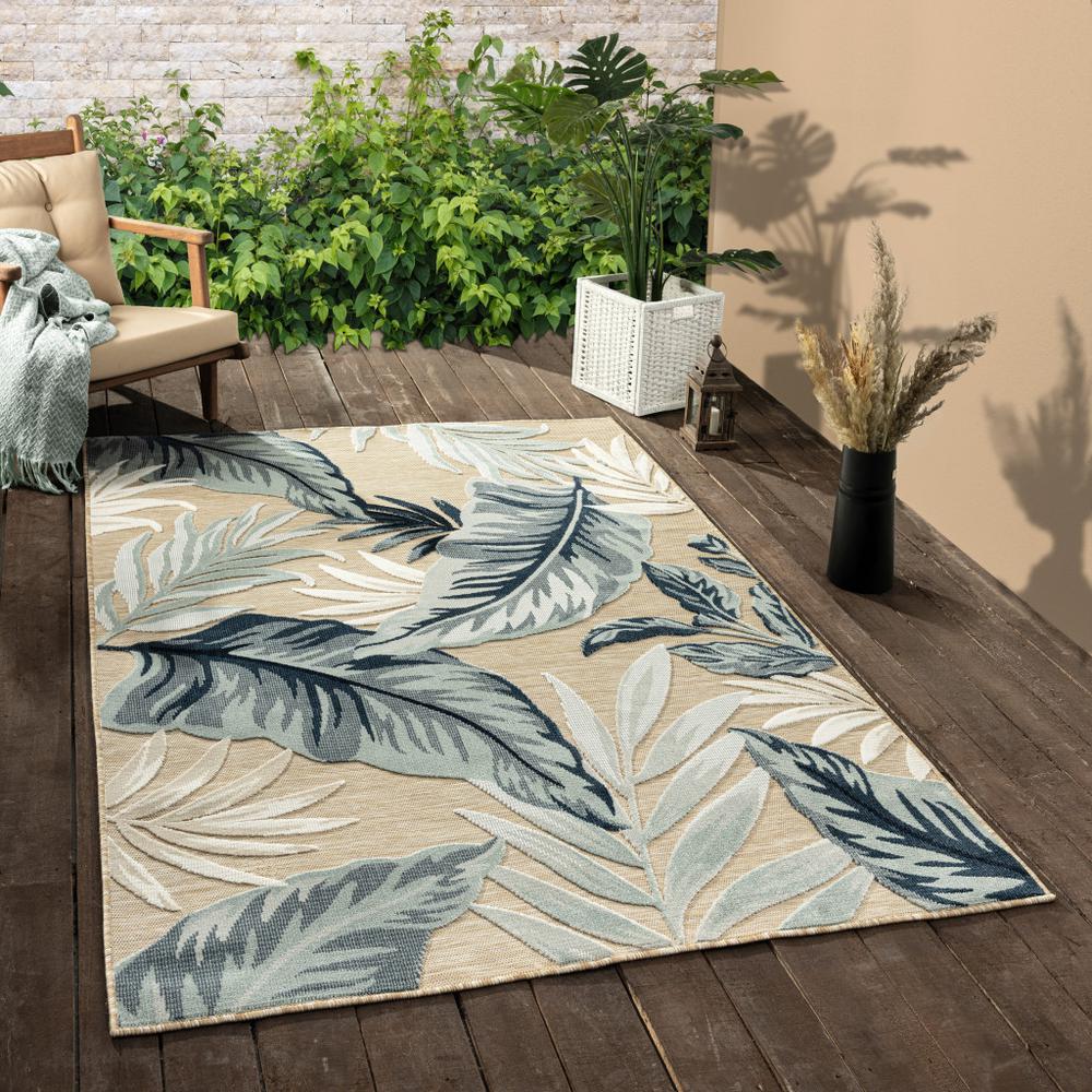 5' X 7' Blue And Beige Floral Stain Resistant Indoor Outdoor Area Rug. Picture 9