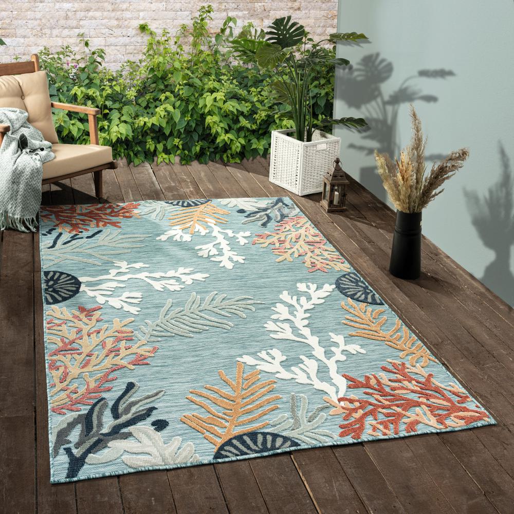 8' X 10' Blue And White Abstract Stain Resistant Indoor Outdoor Area Rug. Picture 9