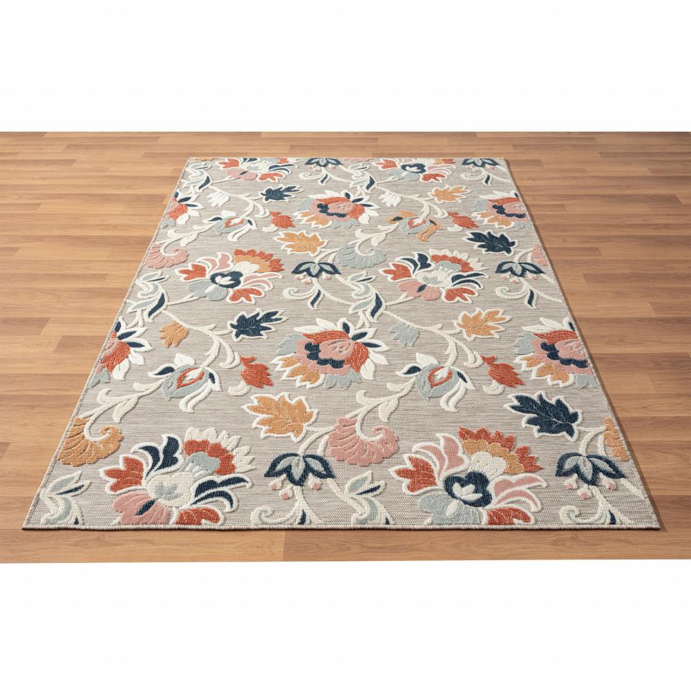 5' X 7' Blue And Gray Floral Stain Resistant Indoor Outdoor Area Rug. Picture 7