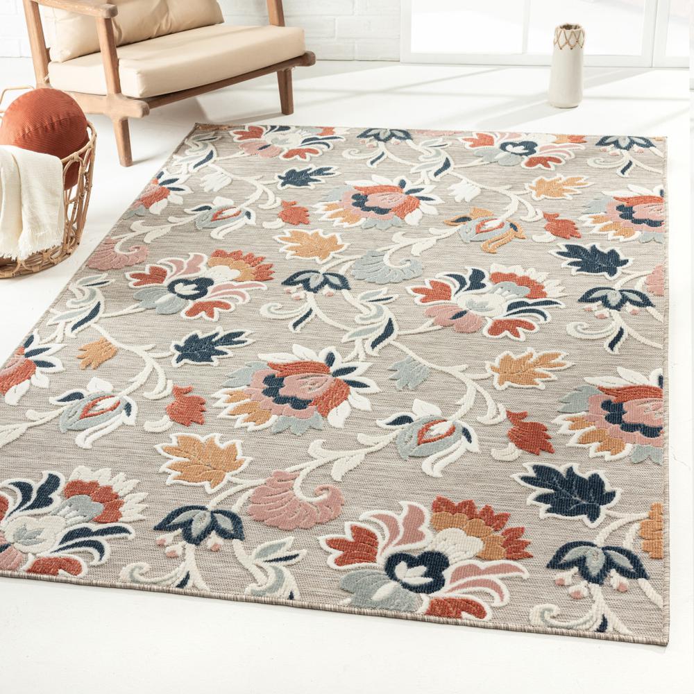 5' X 7' Blue And Gray Floral Stain Resistant Indoor Outdoor Area Rug. Picture 8