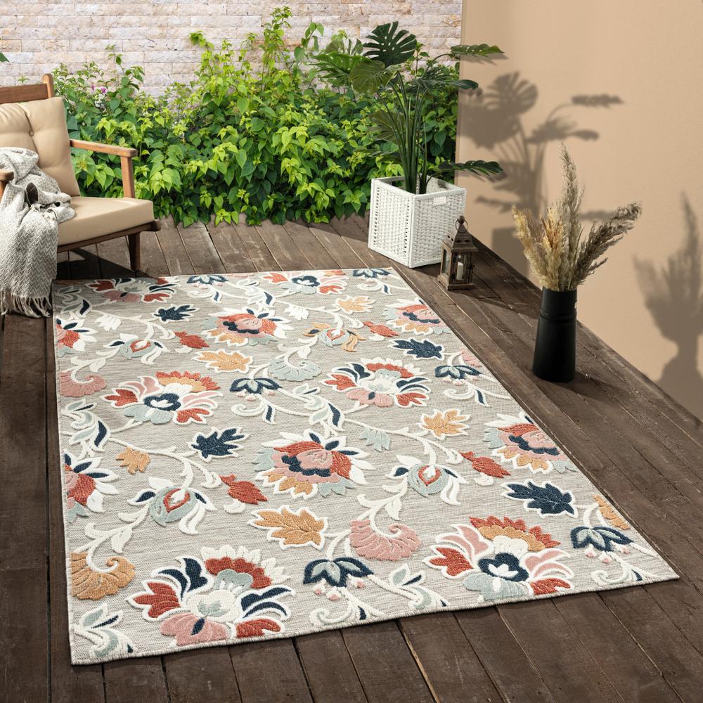 5' X 7' Blue And Gray Floral Stain Resistant Indoor Outdoor Area Rug. Picture 9