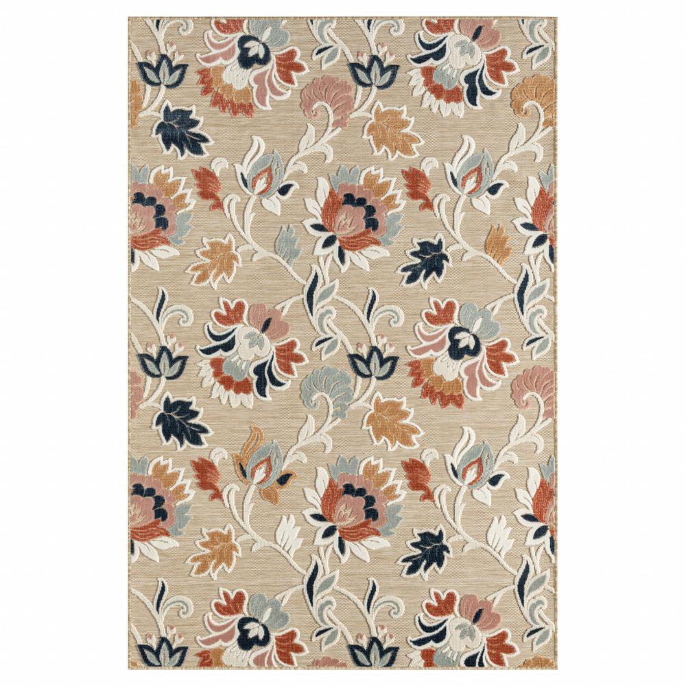 8' X 10' Blue And Beige Floral Stain Resistant Indoor Outdoor Area Rug. Picture 1