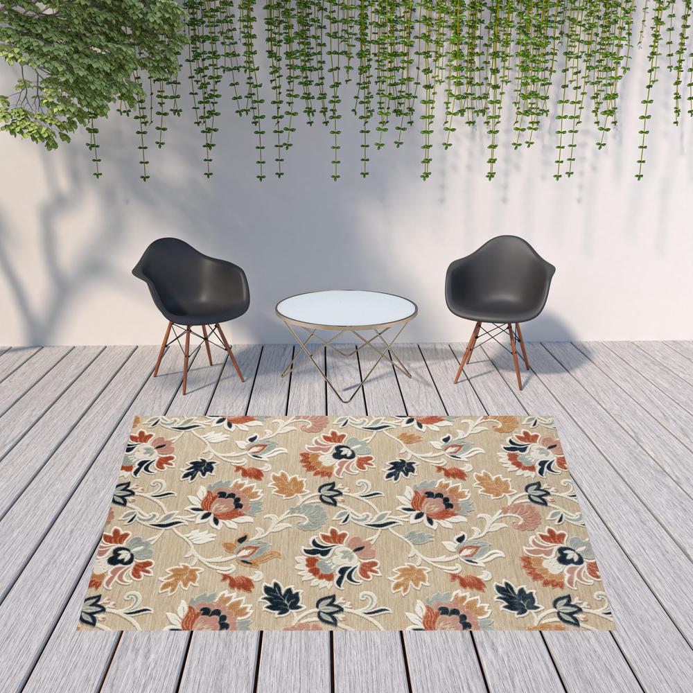 8' X 10' Blue And Beige Floral Stain Resistant Indoor Outdoor Area Rug. Picture 2
