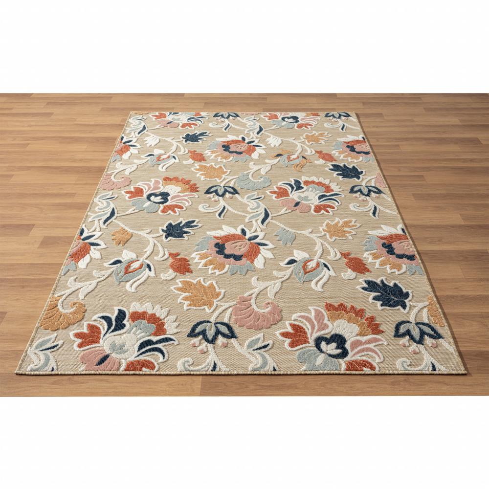 8' X 10' Blue And Beige Floral Stain Resistant Indoor Outdoor Area Rug. Picture 7