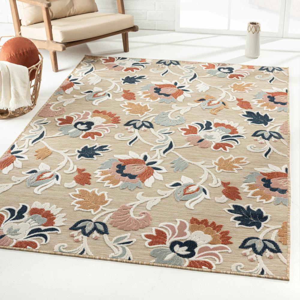 8' X 10' Blue And Beige Floral Stain Resistant Indoor Outdoor Area Rug. Picture 8