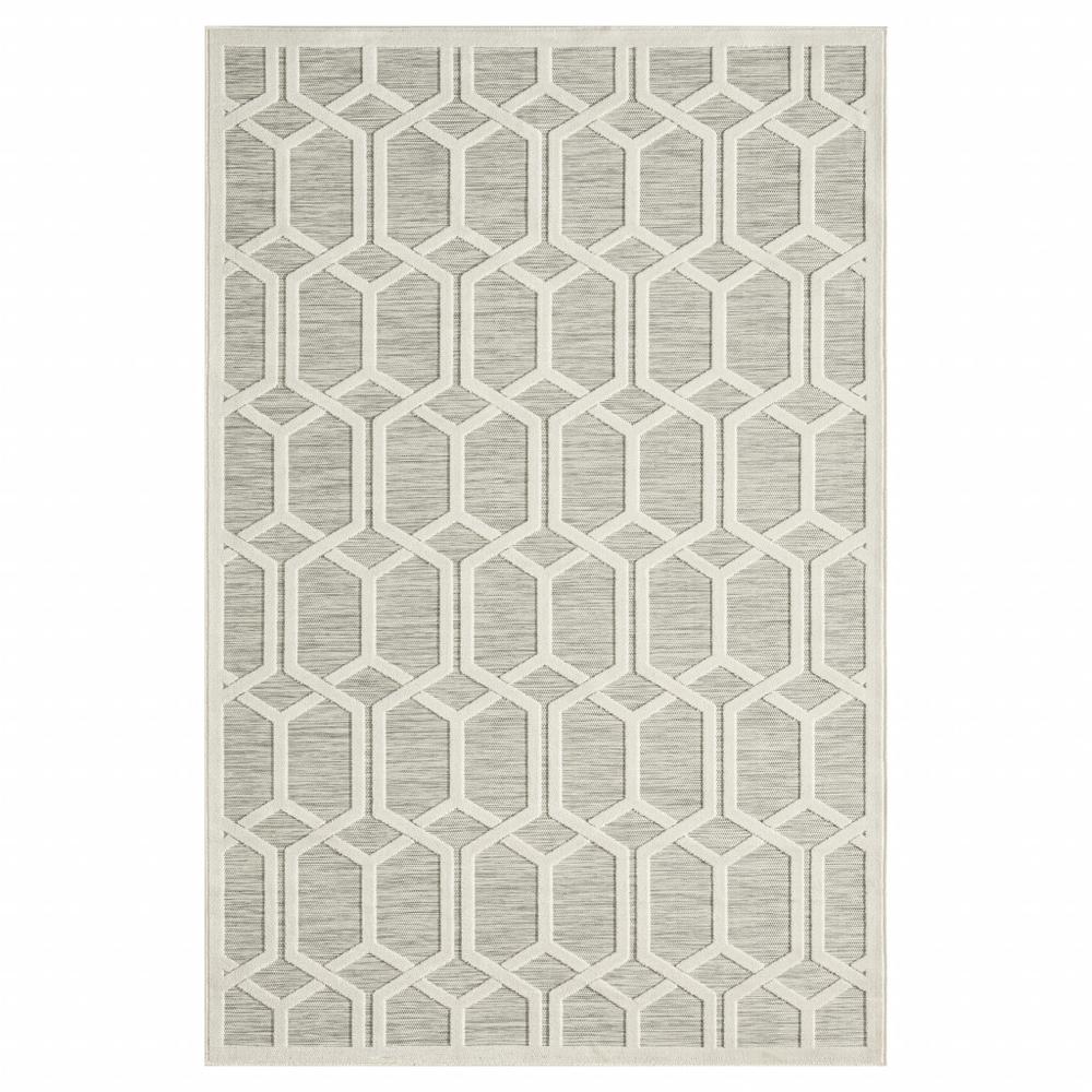 5' X 7' Gray And Ivory Geometric Stain Resistant Indoor Outdoor Area Rug. Picture 1