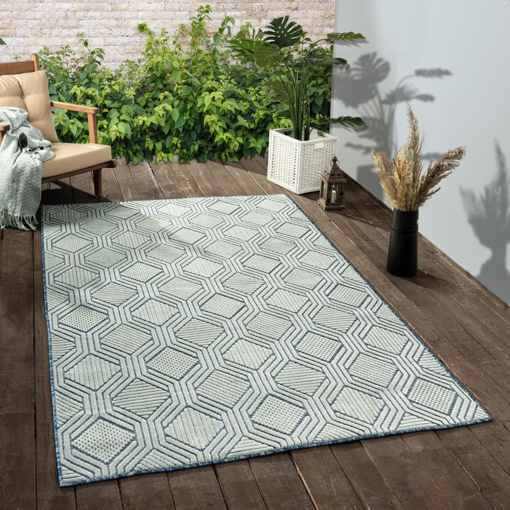 8' X 10' Blue Geometric Stain Resistant Indoor Outdoor Area Rug. Picture 9