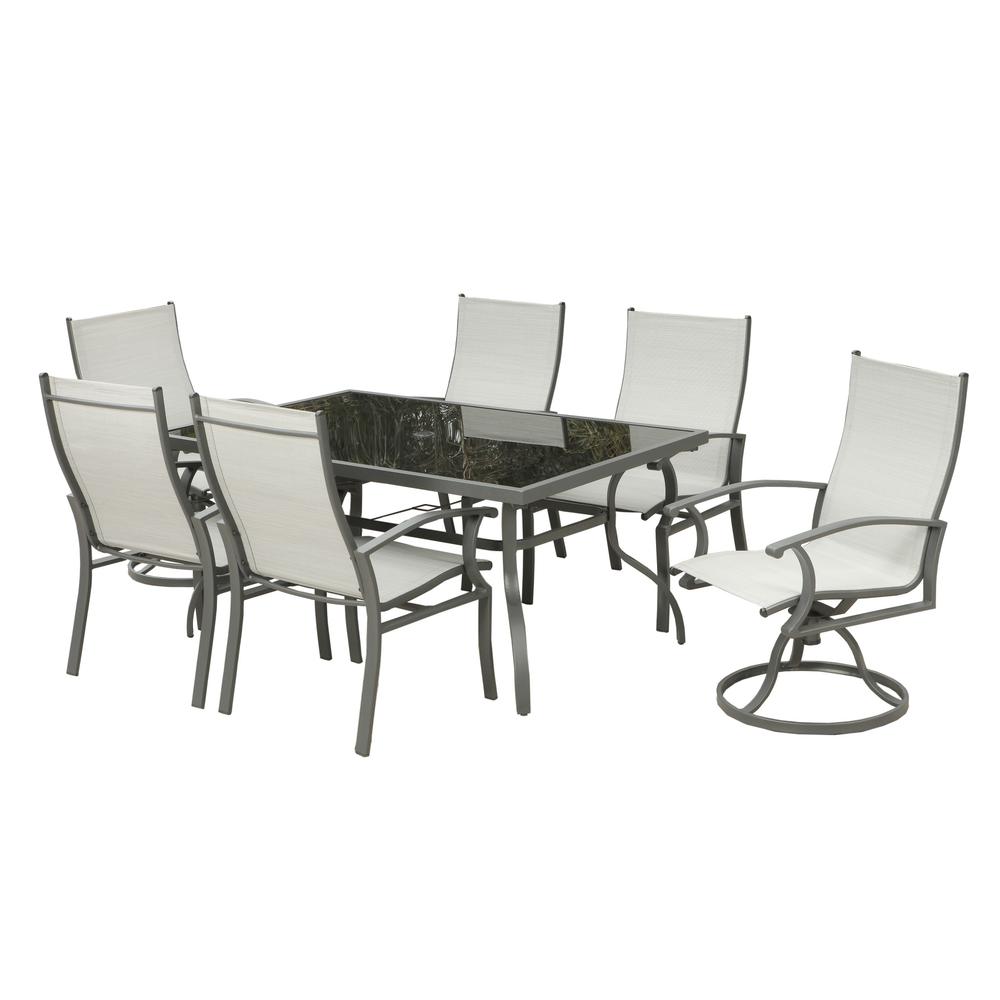 Seven Piece Black and Gray Rectangular Glass Dining Set with Six Chairs. Picture 1