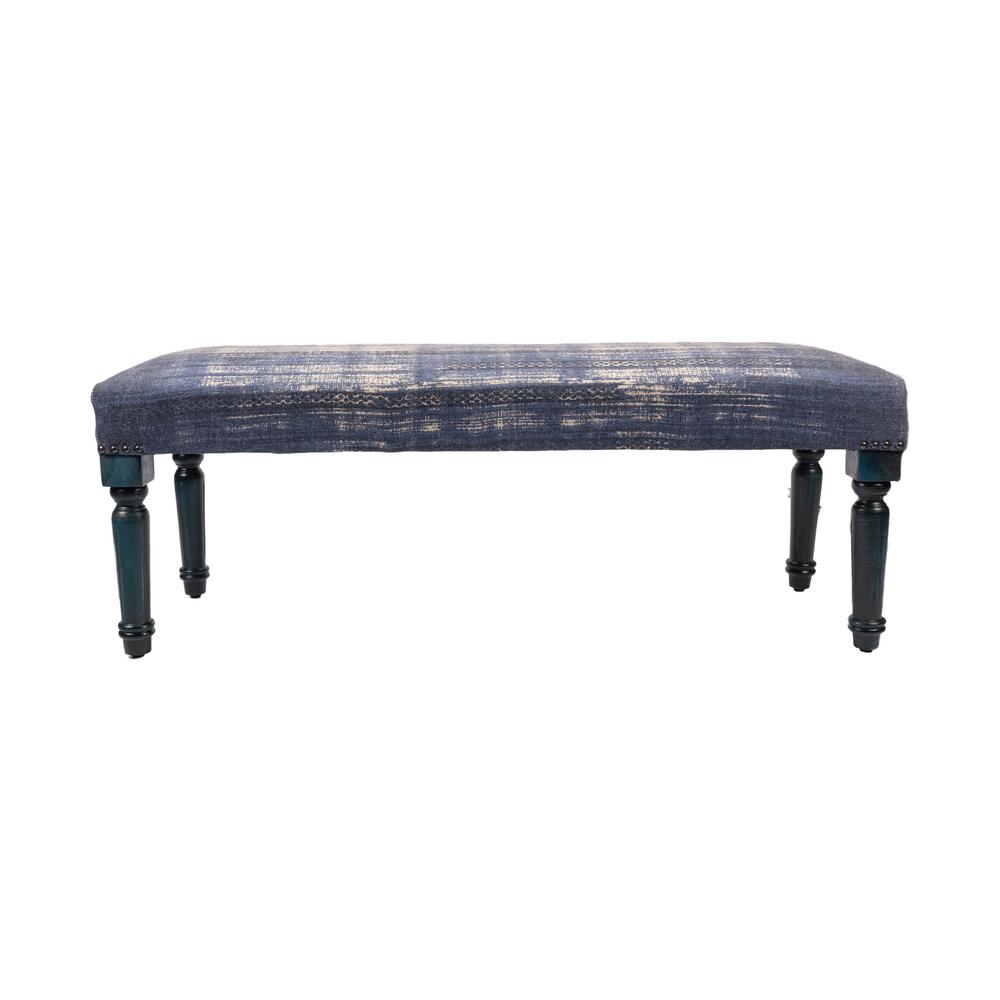 47" Blue And Cream Abstract Design Blue Leg Upholstered Bench. Picture 5