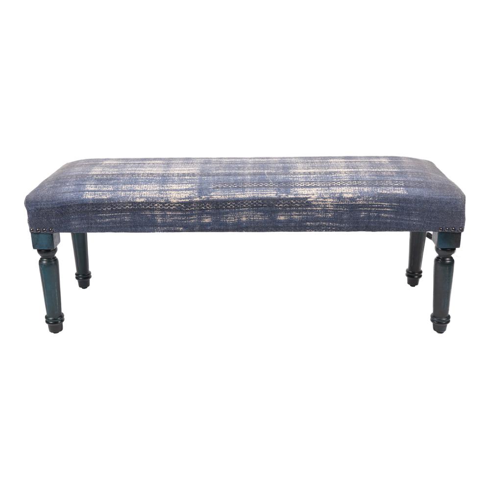 47" Blue And Cream Abstract Design Blue Leg Upholstered Bench. Picture 3
