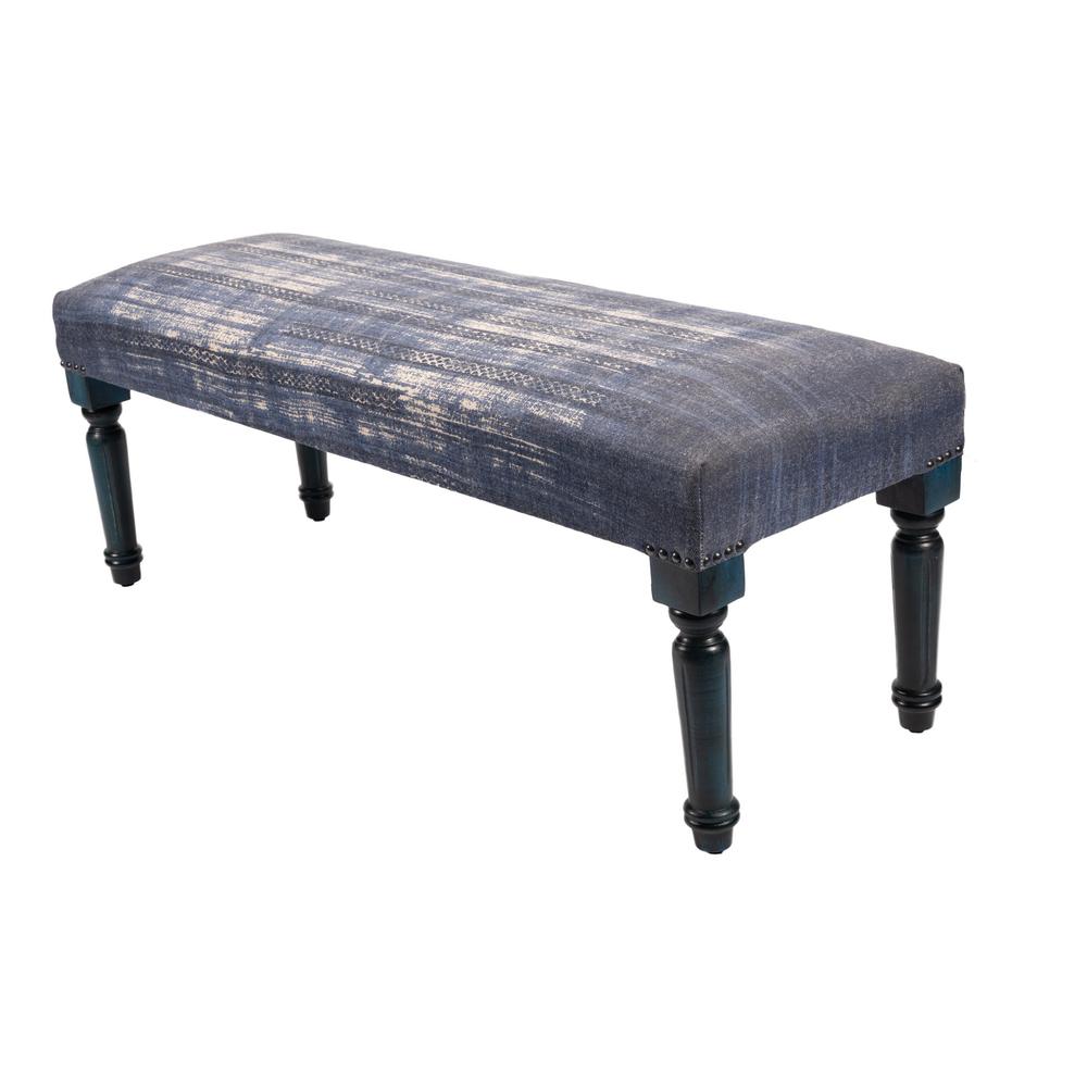 47" Blue And Cream Abstract Design Blue Leg Upholstered Bench. Picture 6