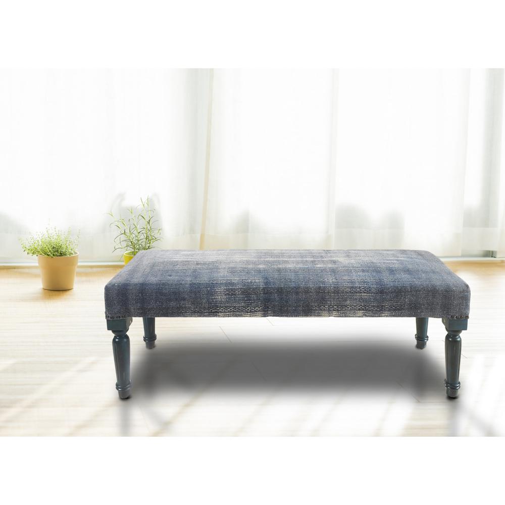 47" Blue And Cream Abstract Design Blue Leg Upholstered Bench. Picture 7
