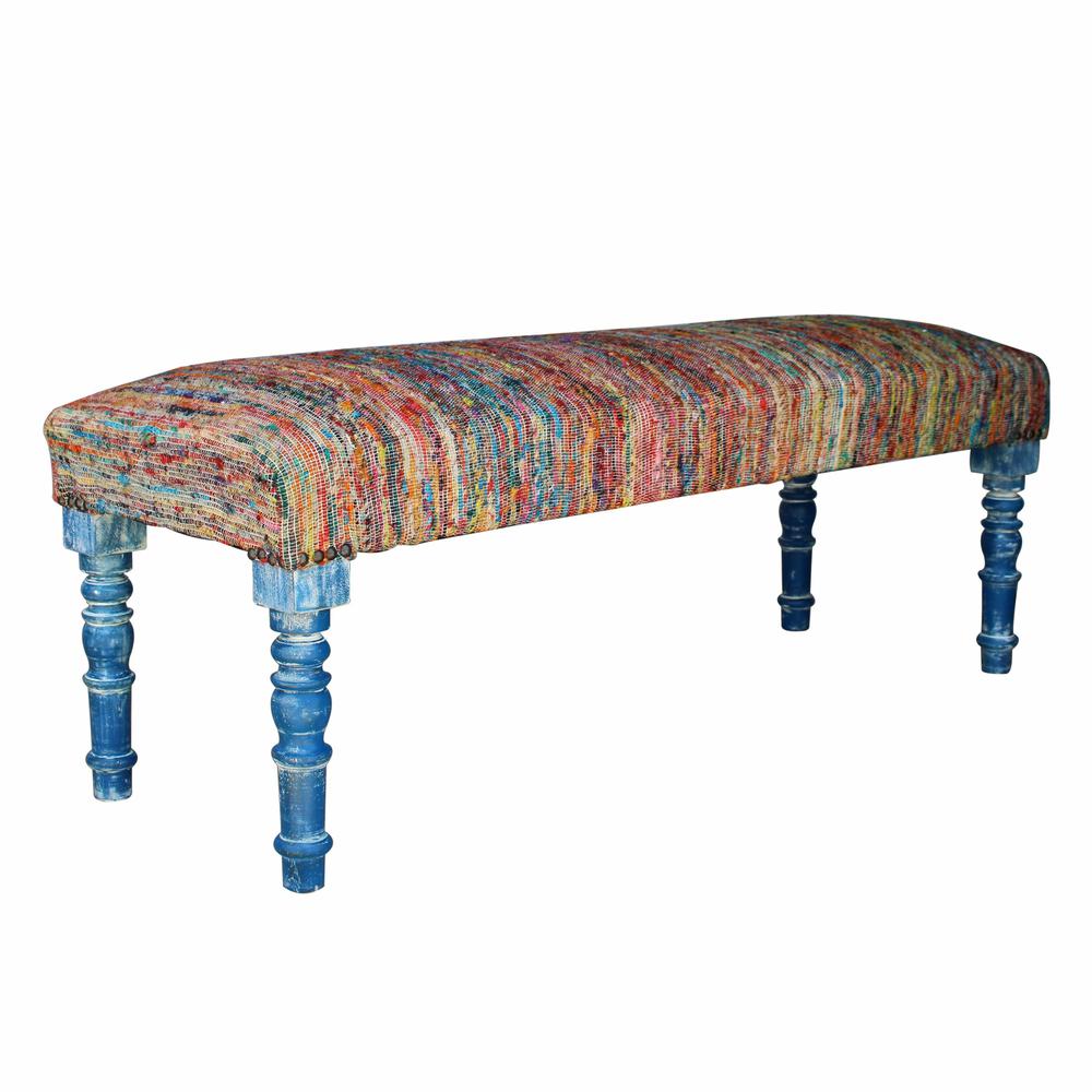 47" Rainbow Stripe Blue Leg Upholstered Bench. Picture 3