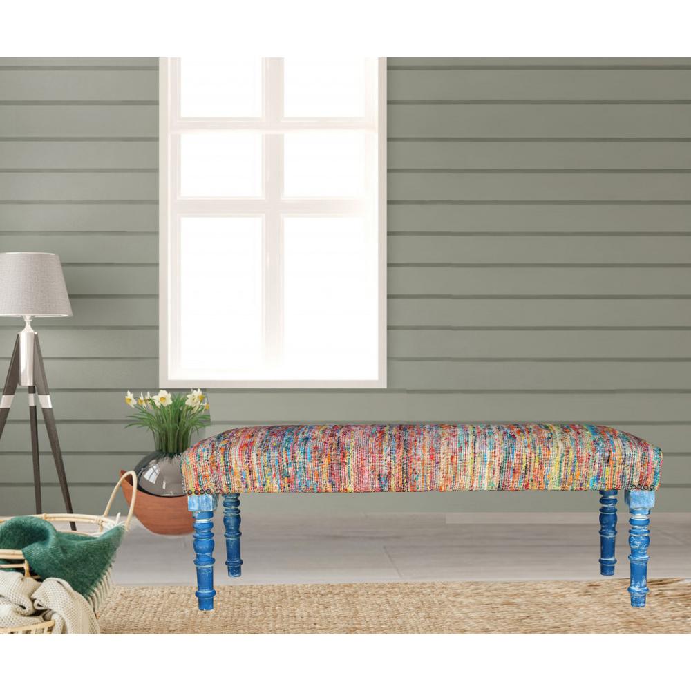 47" Rainbow Stripe Blue Leg Upholstered Bench. Picture 8