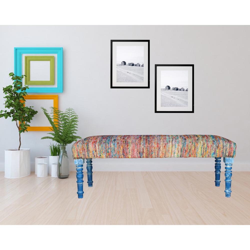 47" Rainbow Stripe Blue Leg Upholstered Bench. Picture 9