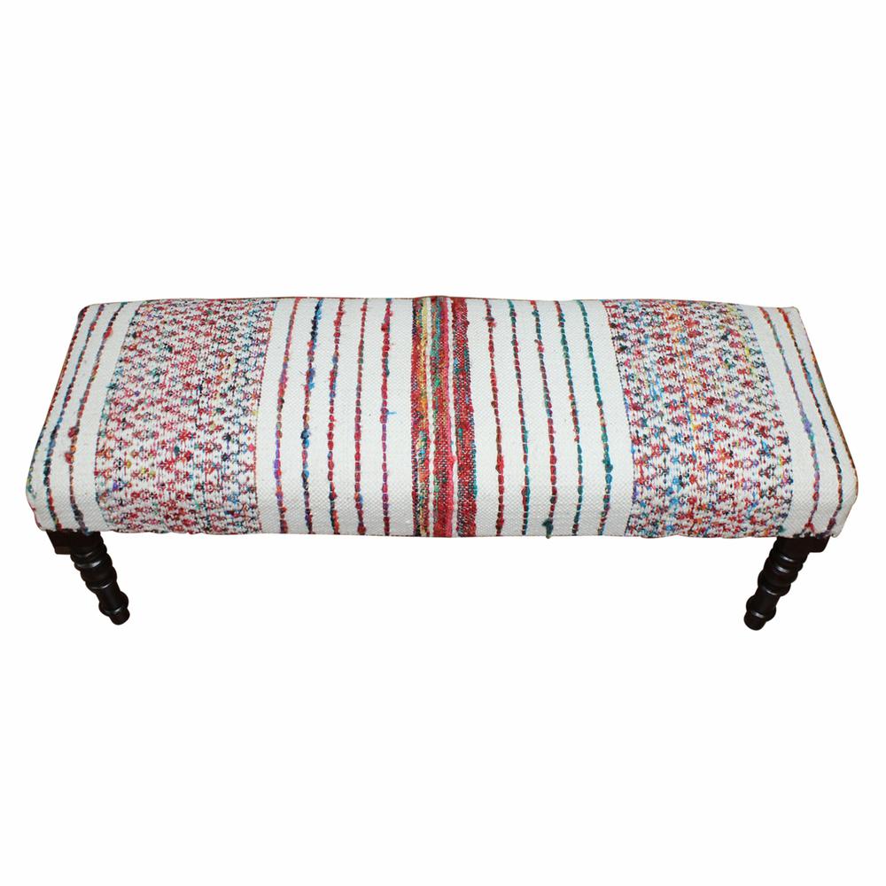 47" Ivory Red and Pink Black Leg Chevron Stripe Upholstered Bench. Picture 1