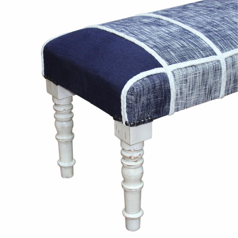 47" Blue And Gray Textural White Leg Upholstered Bench. Picture 4