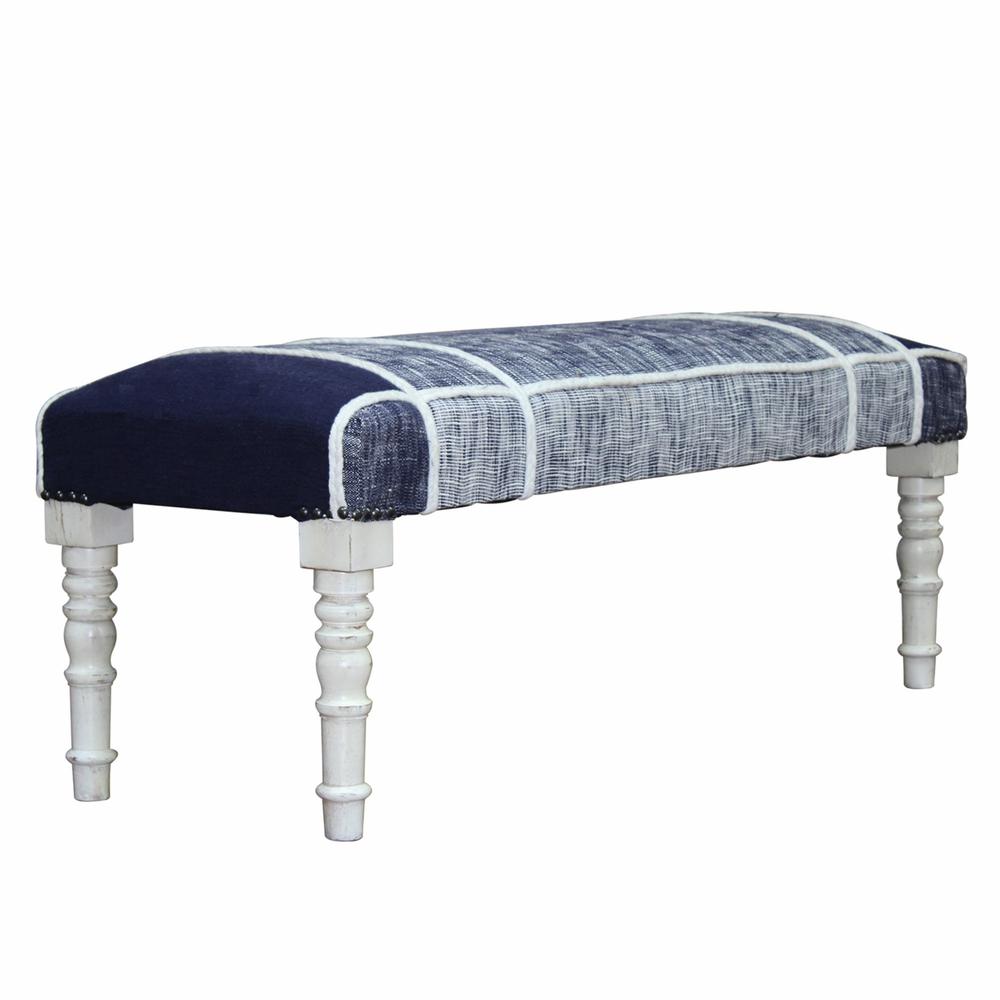 47" Blue And Gray Textural White Leg Upholstered Bench. Picture 3