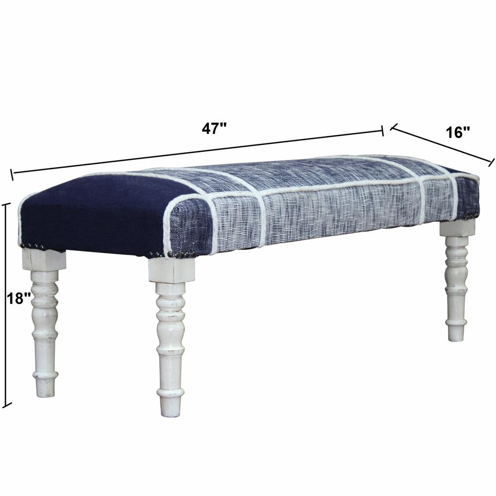 47" Blue And Gray Textural White Leg Upholstered Bench. Picture 8