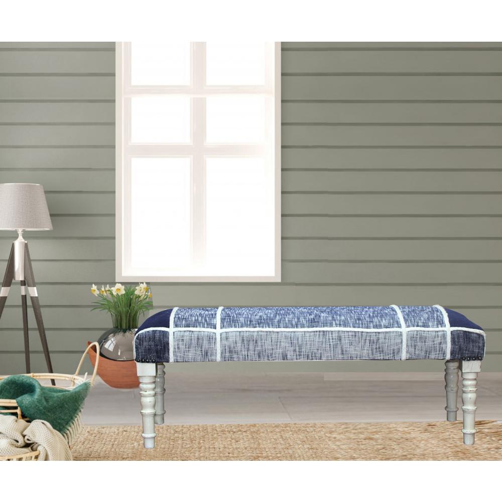 47" Blue And Gray Textural White Leg Upholstered Bench. Picture 7