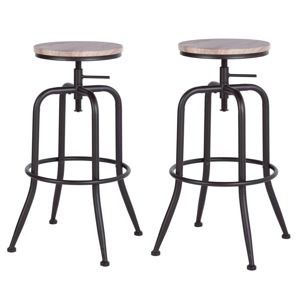Set Of Two 30" Natural And Black Steel Swivel Backless Bar Chairs With Footrest. Picture 3