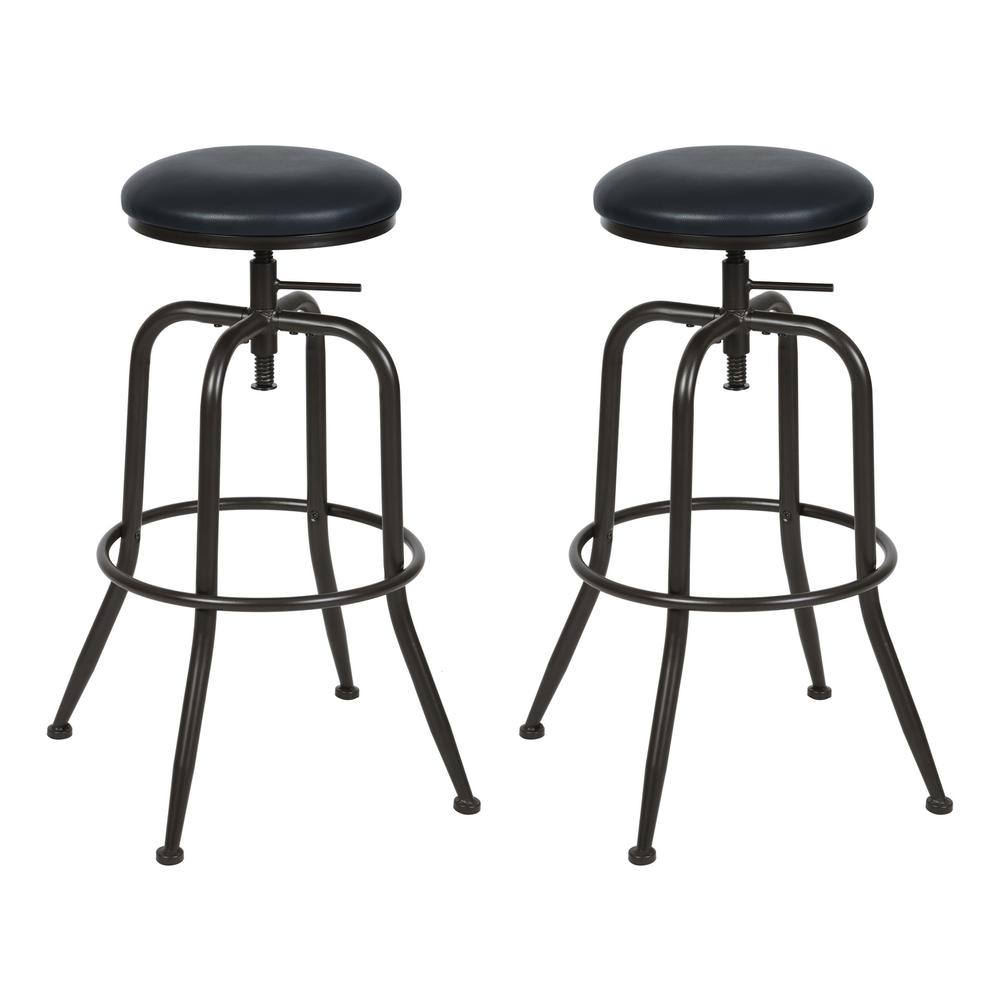 Set Of Two 30" Brown And Black Steel Swivel Backless Bar Chairs With Footrest. Picture 1