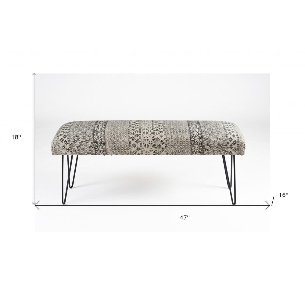 47" Charcoal Gray and White Black Leg Abstract Floral Upholstered Bench. Picture 8