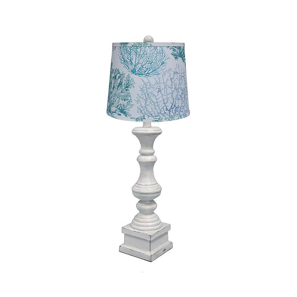 29" Antique White Candlestick Table Lamp With Aqua Coral Tapered Drum Shade. Picture 1