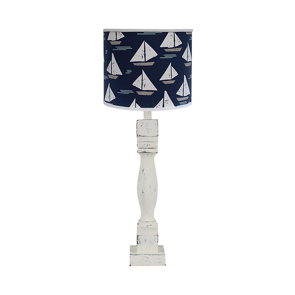 30" Distressed White Candlestick Table Lamp With Navy Sailboat Shade. Picture 1