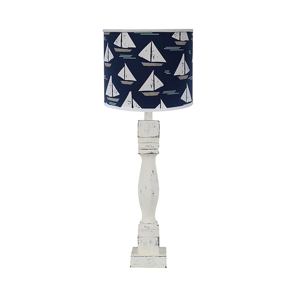30" Distressed White Candlestick Table Lamp With Navy Sailboat Shade. Picture 4