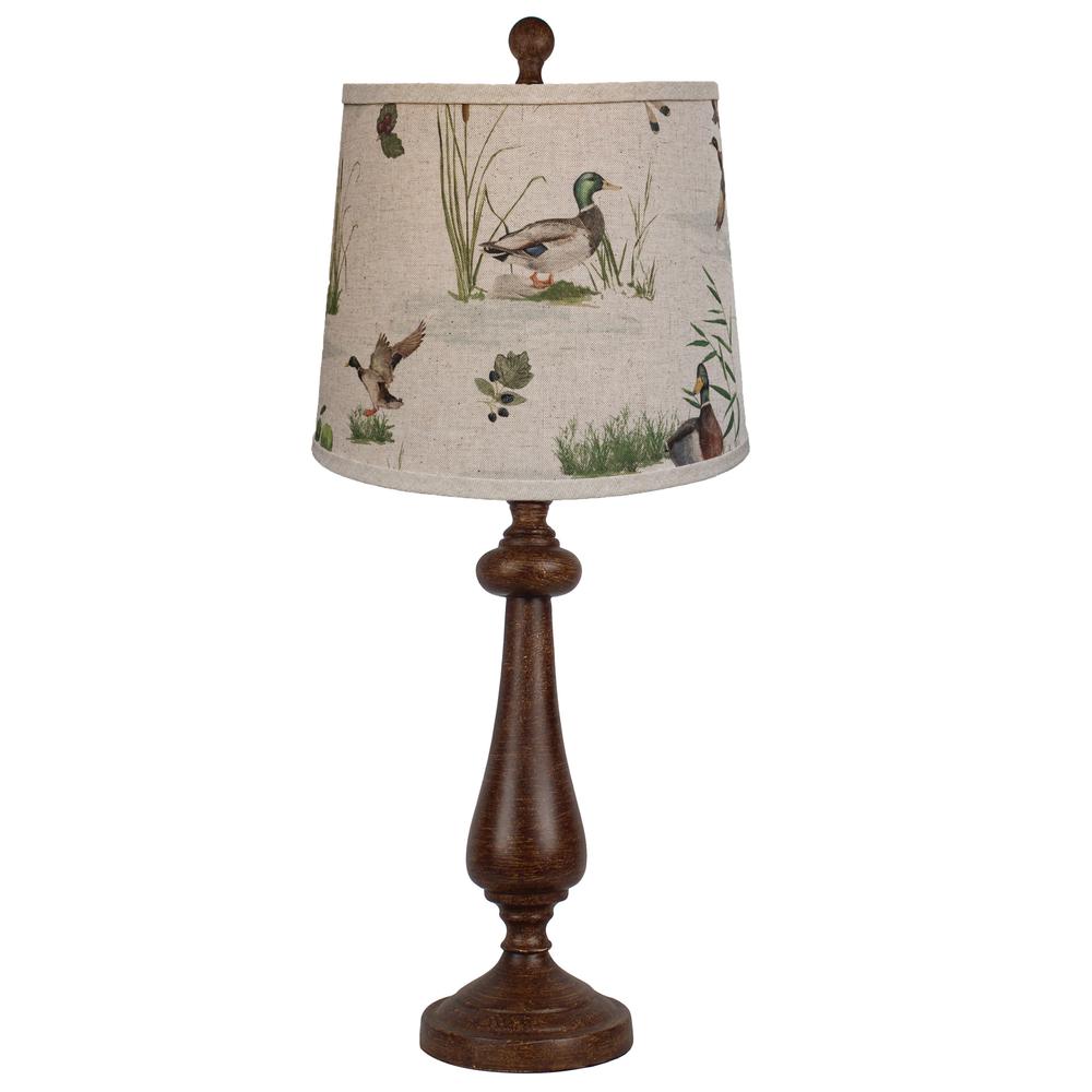 27" Rustic Brown Table Lamp With Beige And Green Duck Empire Shade. Picture 1