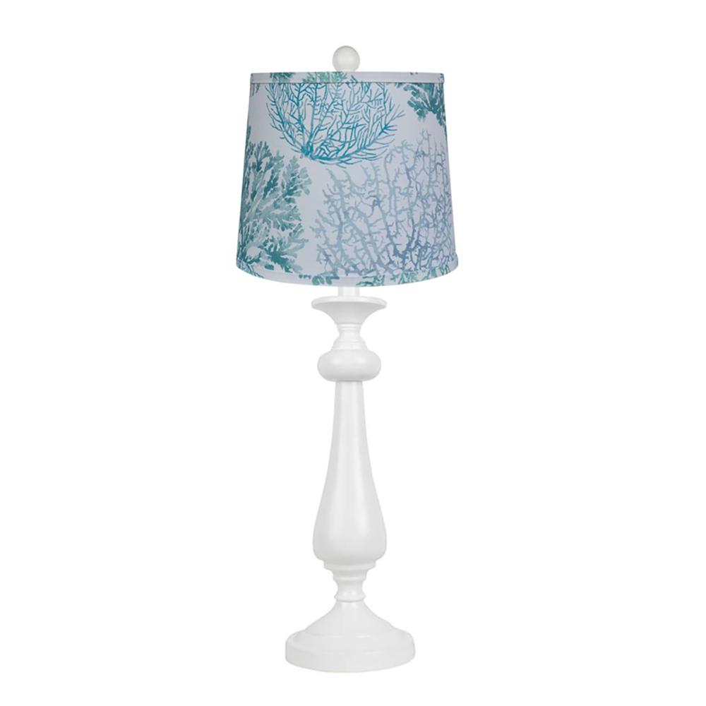 27" White Candlestick Table Lamp With Aqua Coral Shade. Picture 1