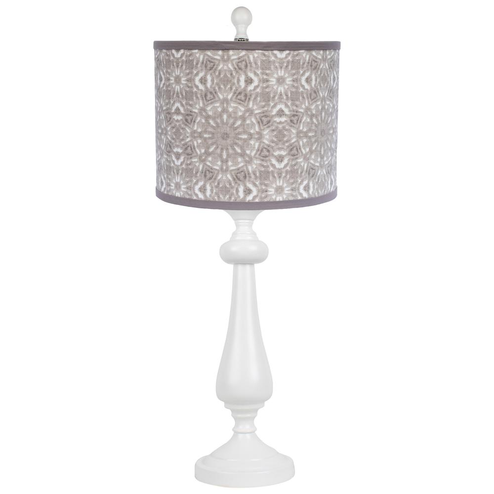 27" White Table Lamp With Gray Taupe Batik Print Drum Shade. Picture 1