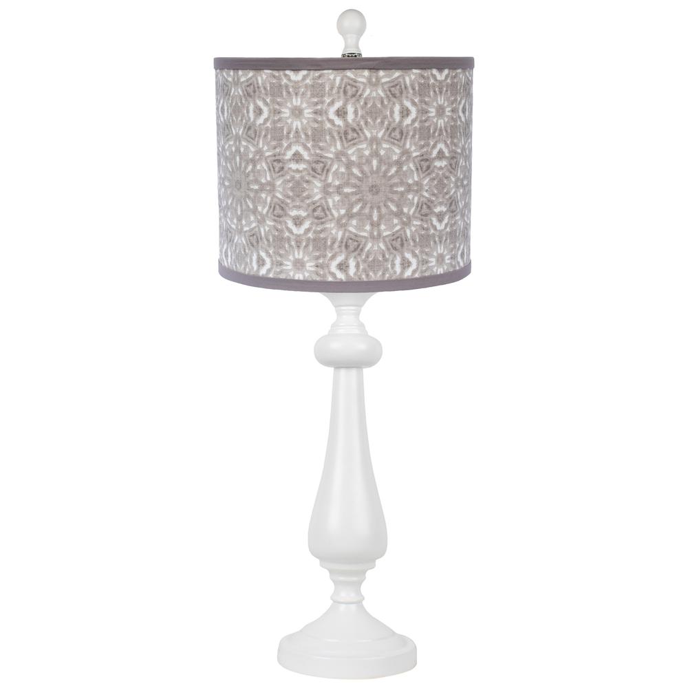 27" White Table Lamp With Gray Taupe Batik Print Drum Shade. Picture 4