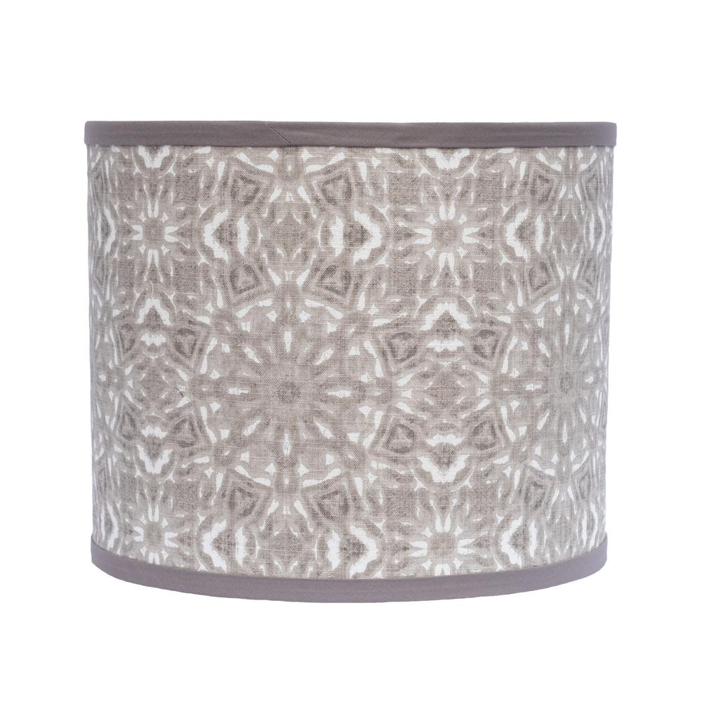 27" White Table Lamp With Gray Taupe Batik Print Drum Shade. Picture 2