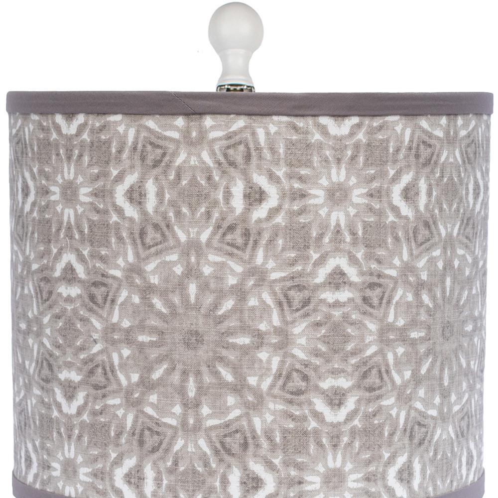27" White Table Lamp With Gray Taupe Batik Print Drum Shade. Picture 6
