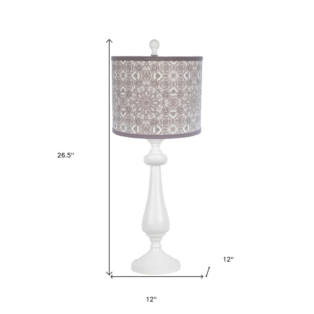 27" White Table Lamp With Gray Taupe Batik Print Drum Shade. Picture 7
