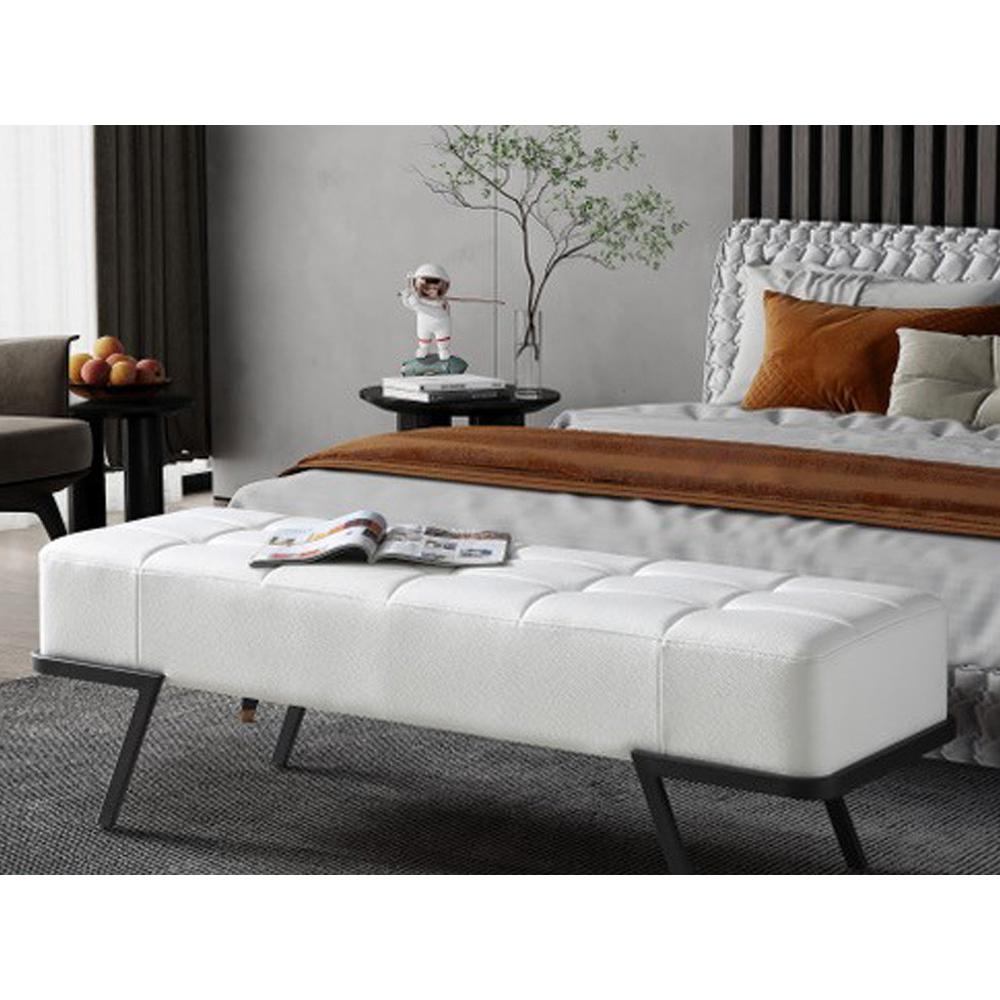 57" White and Black Upholstered Faux Leather Bench. Picture 5