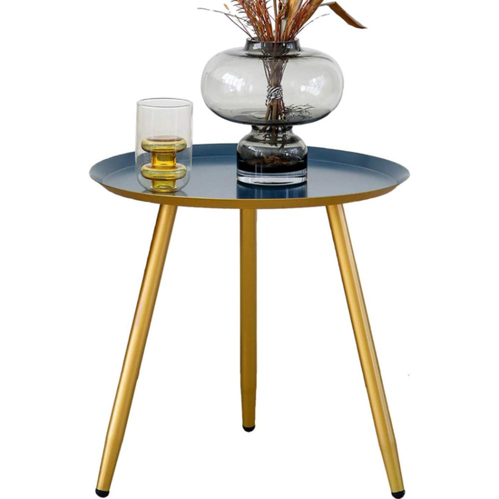 17" Golden And Blue Steel Round End Table. Picture 1