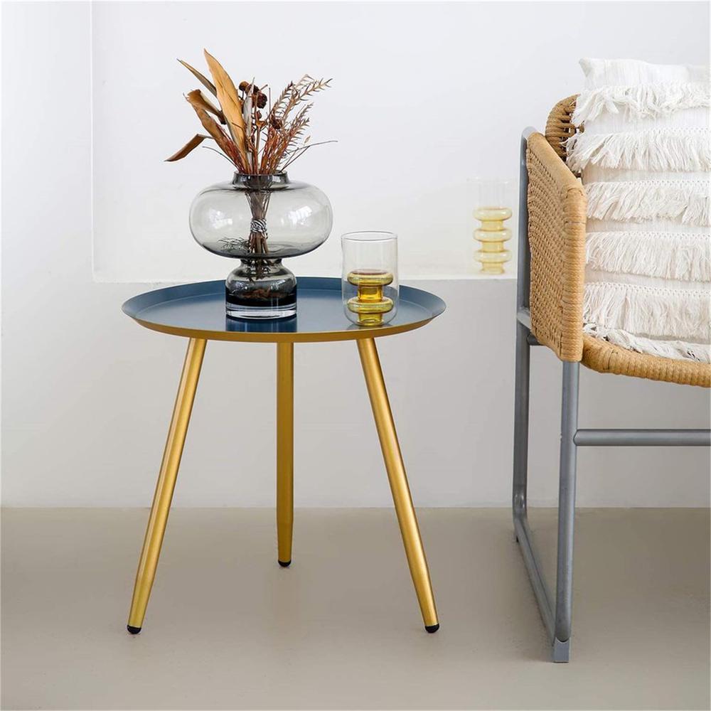 17" Golden And Blue Steel Round End Table. Picture 5