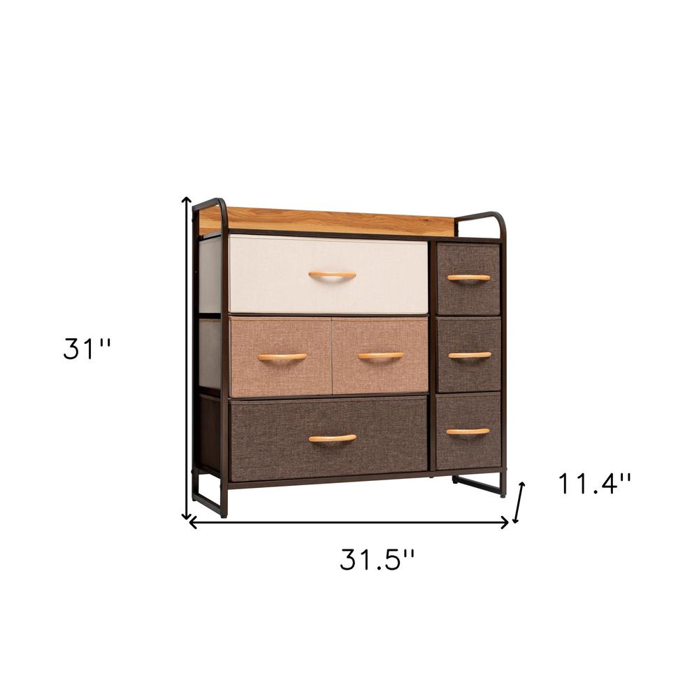 32" Brown Steel and Fabric Seven Drawer Dresser. Picture 6