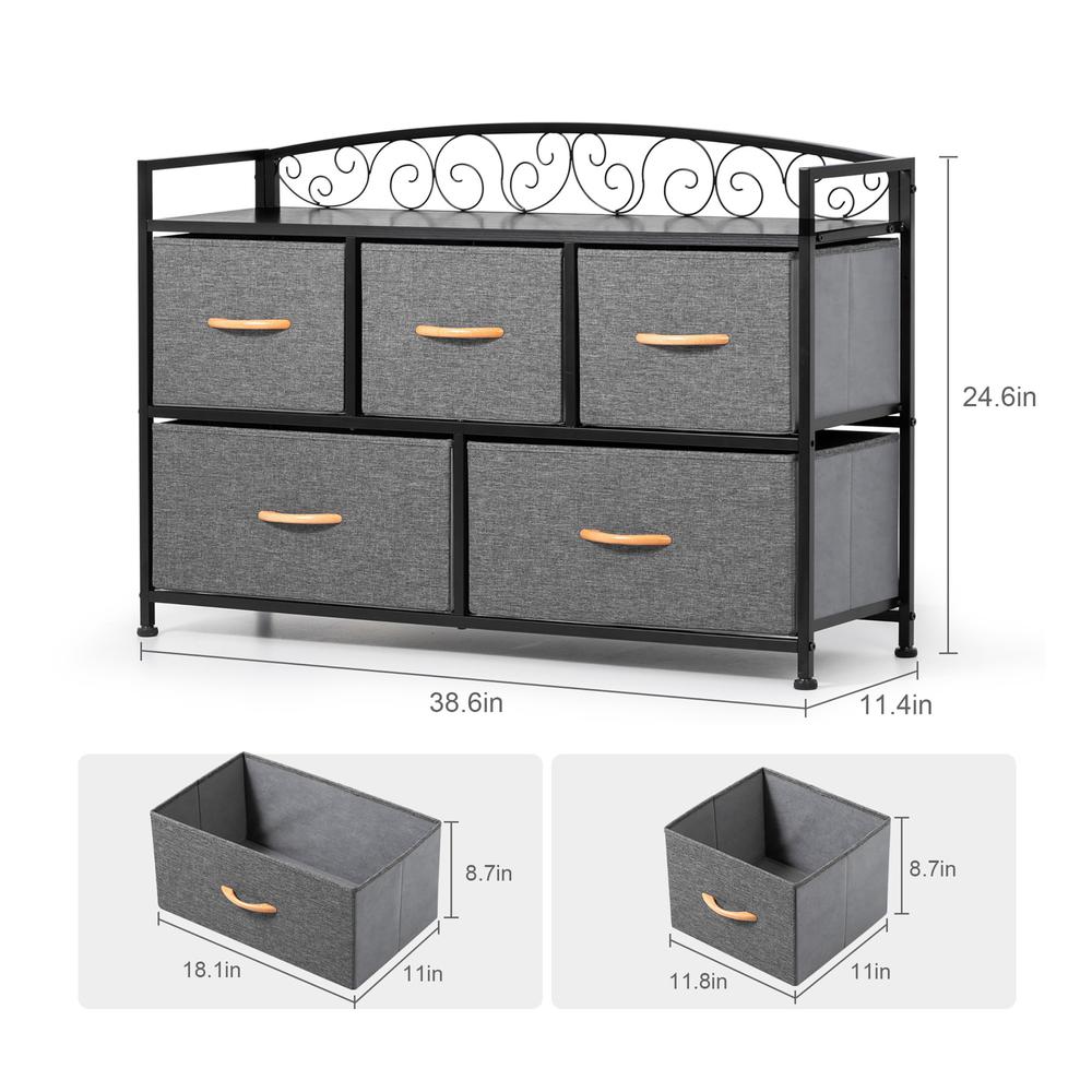 39" Gray and Black Steel and Fabric Five Drawer Combo Dresser. Picture 5