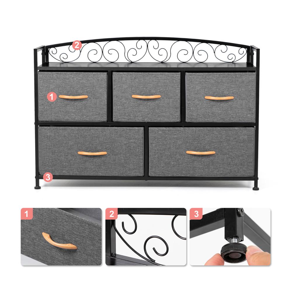 39" Gray and Black Steel and Fabric Five Drawer Combo Dresser. Picture 2