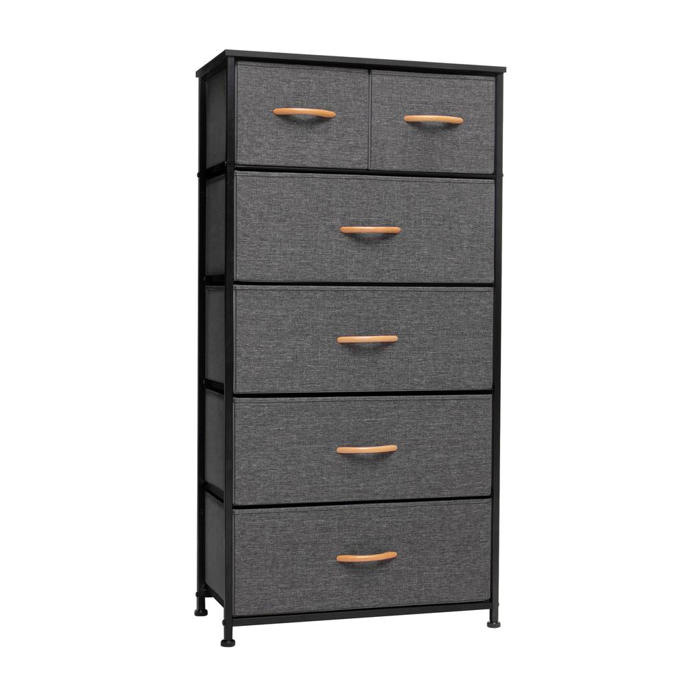 23" Gray and Black Steel and Fabric Six Drawer Chest. Picture 1