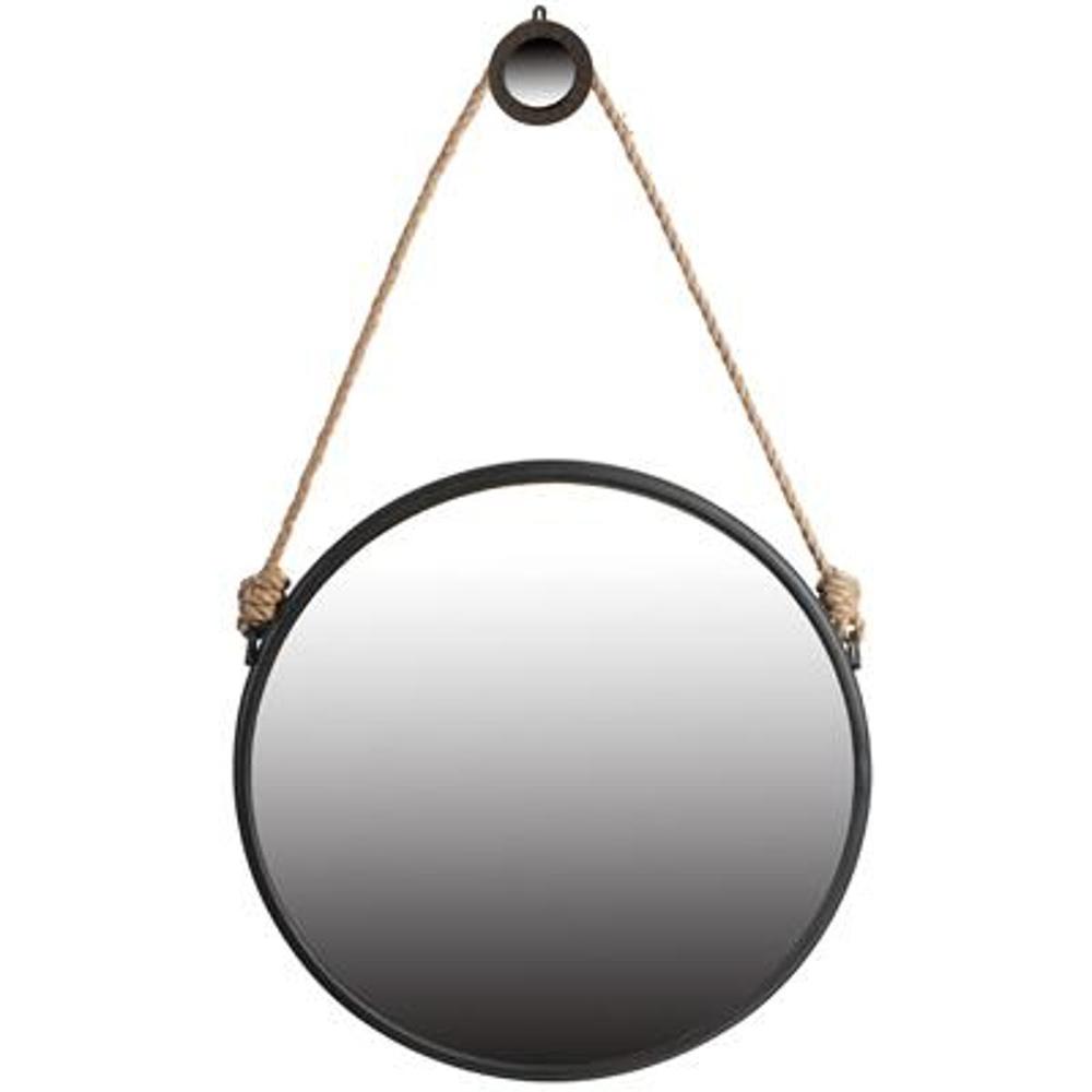 30" Black Fame Round Wall Hanging Accent Mirror with Rope. Picture 1
