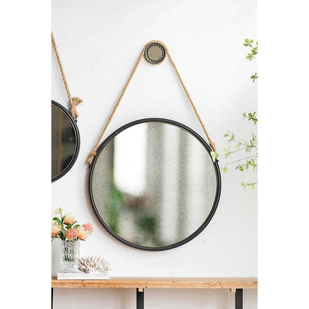 30" Black Fame Round Wall Hanging Accent Mirror with Rope. Picture 2
