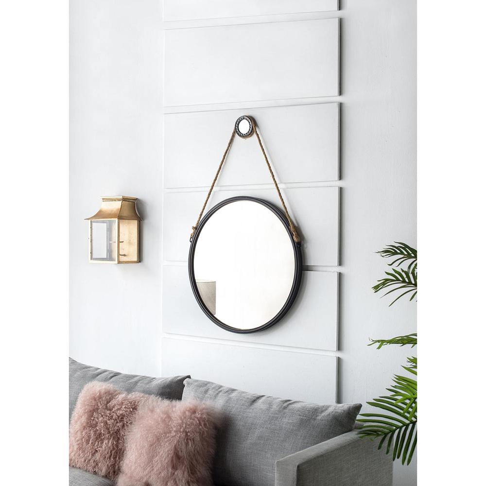 30" Black Fame Round Wall Hanging Accent Mirror with Rope. Picture 7