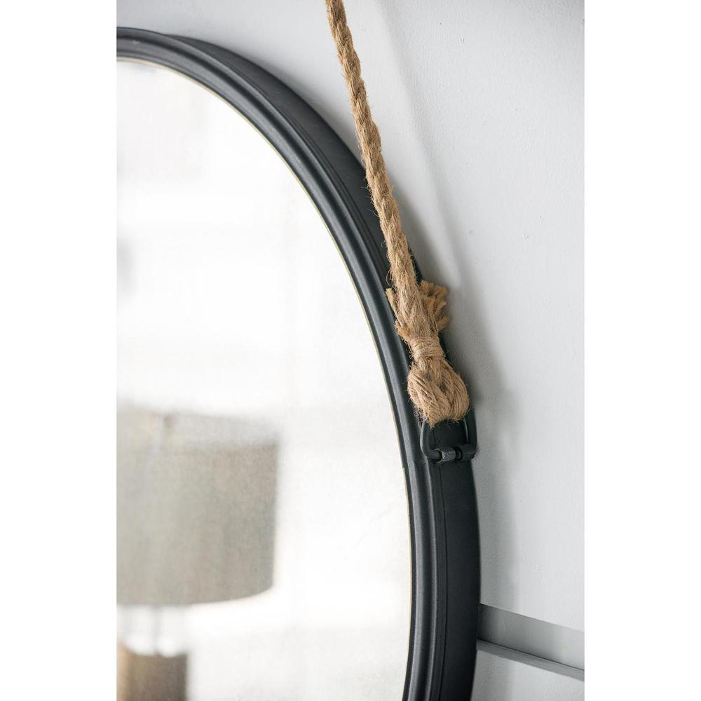 30" Black Fame Round Wall Hanging Accent Mirror with Rope. Picture 3